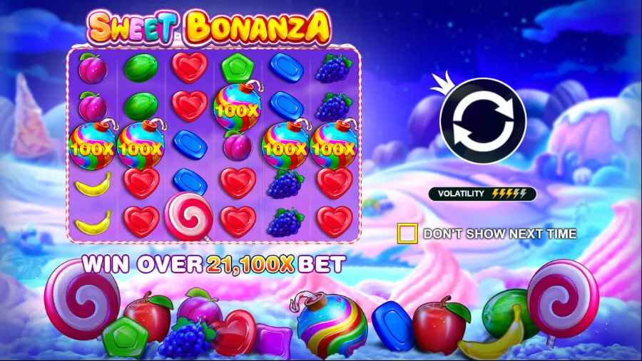 Fitur bom pengganda Sweet Bonanza menunjukkan bom permen pelangi dengan berbagai nilai pengganda